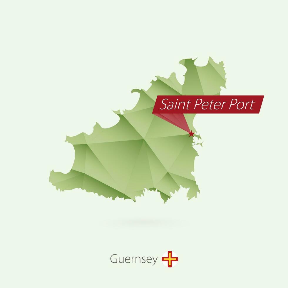 Green gradient low poly map of Guernsey with capital Saint Peter Port vector