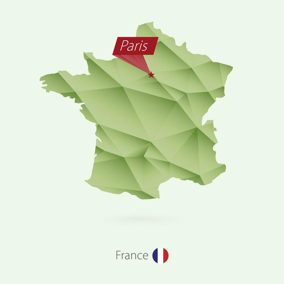 Green gradient low poly map of France with capital Paris vector