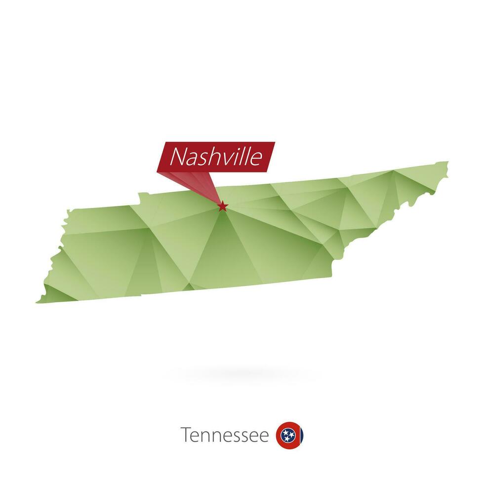 Green gradient low poly map of Tennessee with capital Nashville vector