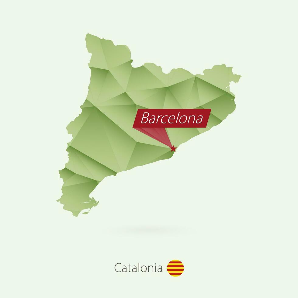 Green gradient low poly map of Catalonia with capital Barcelona vector