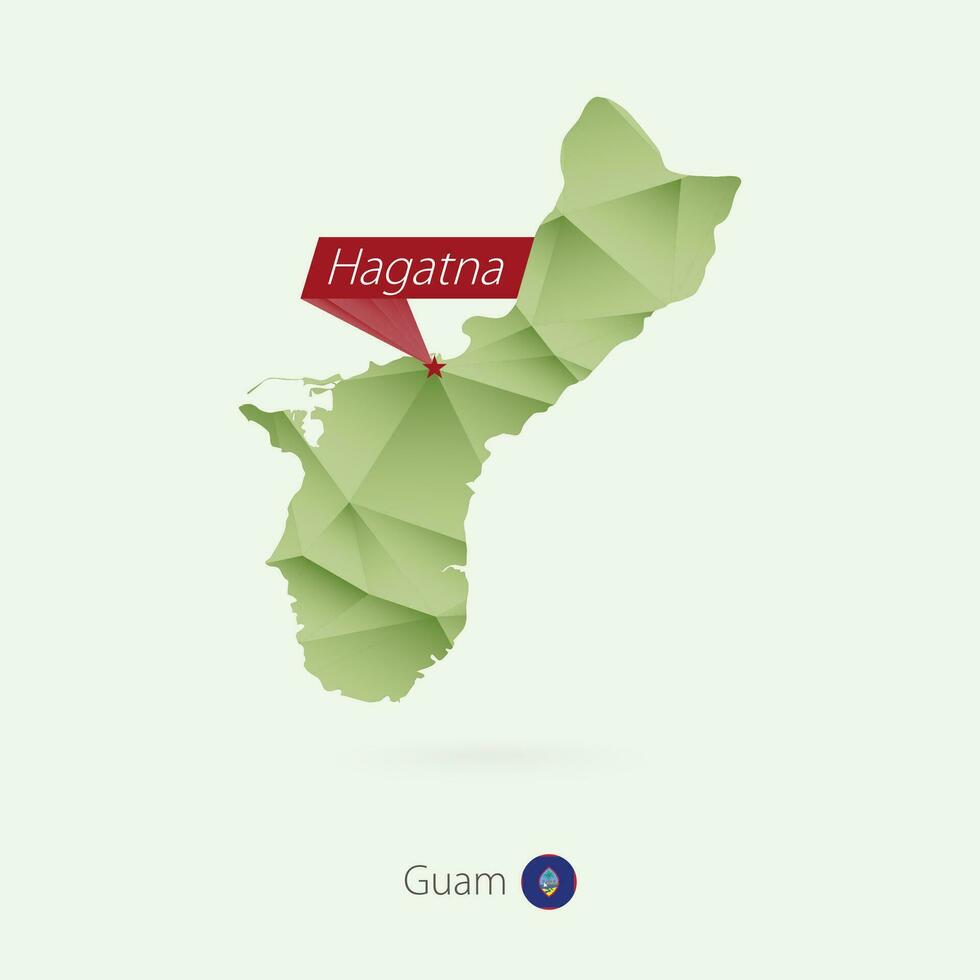 Green gradient low poly map of Guam with capital Hagatna vector