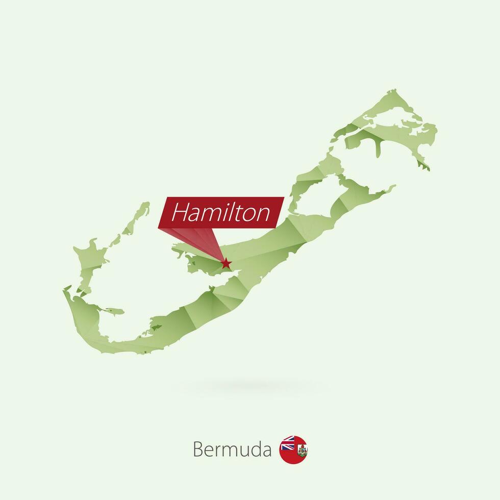 Green gradient low poly map of Bermuda with capital Hamilton vector