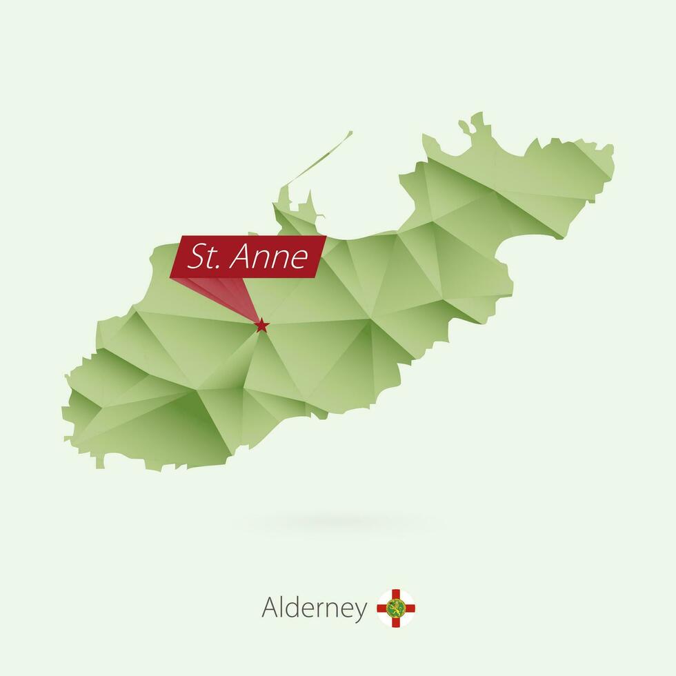 Green gradient low poly map of Alderney with capital St. Anne vector