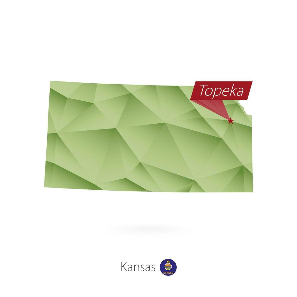Green gradient low poly map of Kansas with capital Topeka vector
