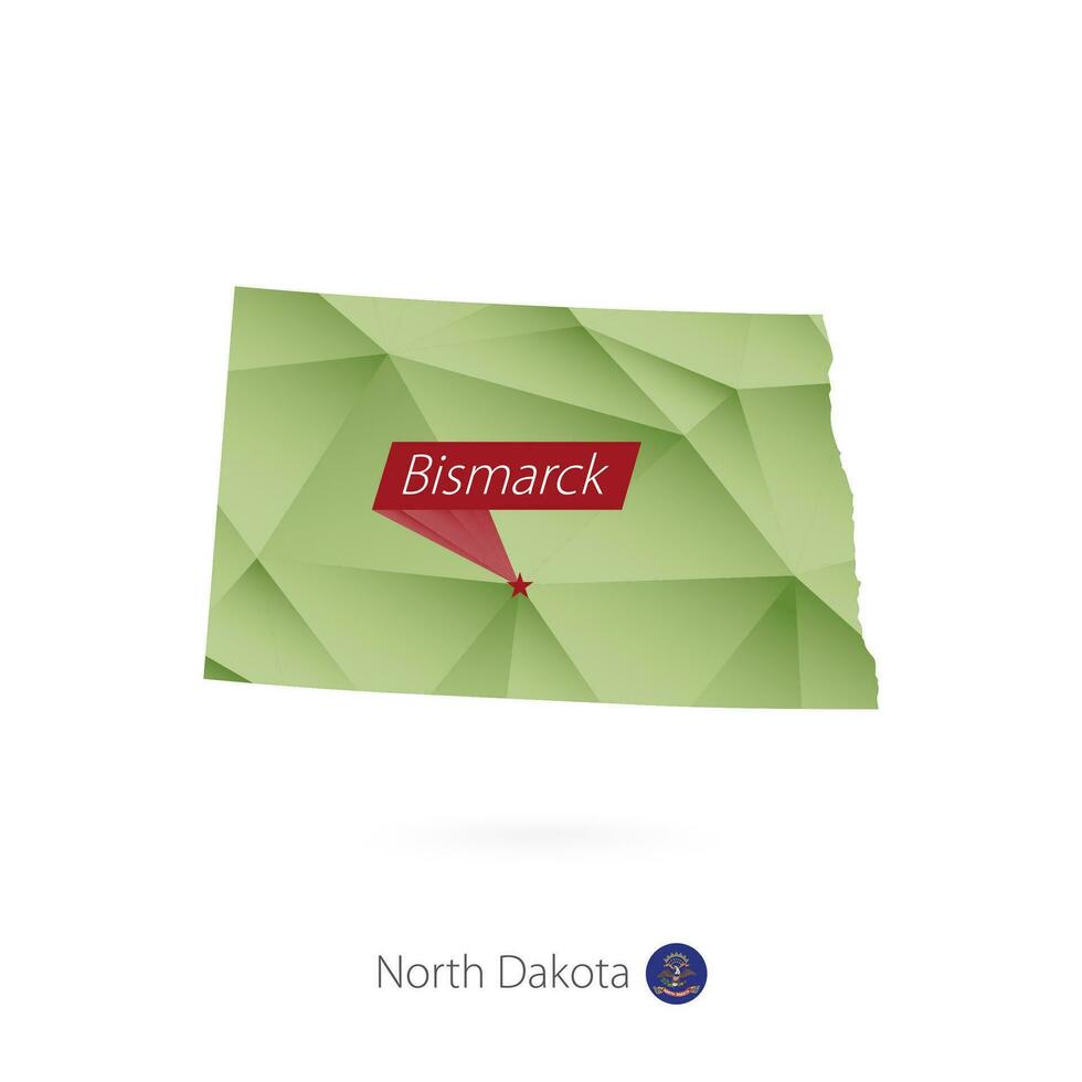 Green gradient low poly map of North Dakota with capital Bismarck vector