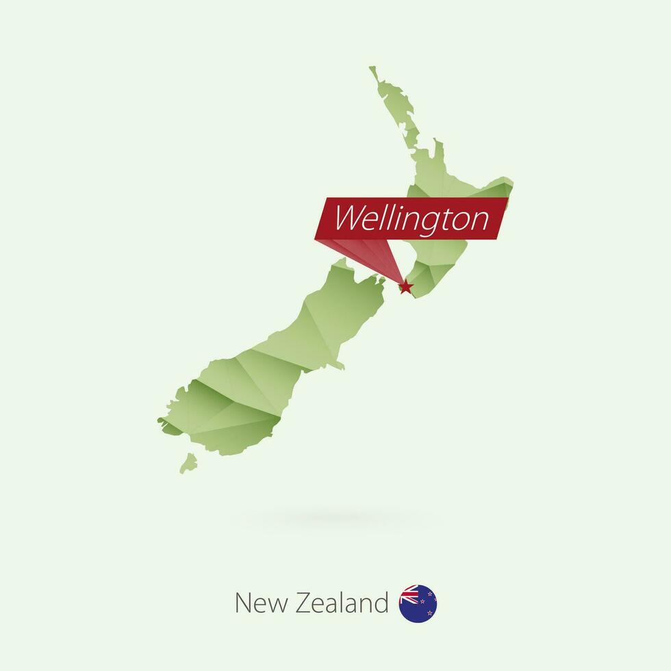 Green gradient low poly map of New Zealand with capital Wellington vector