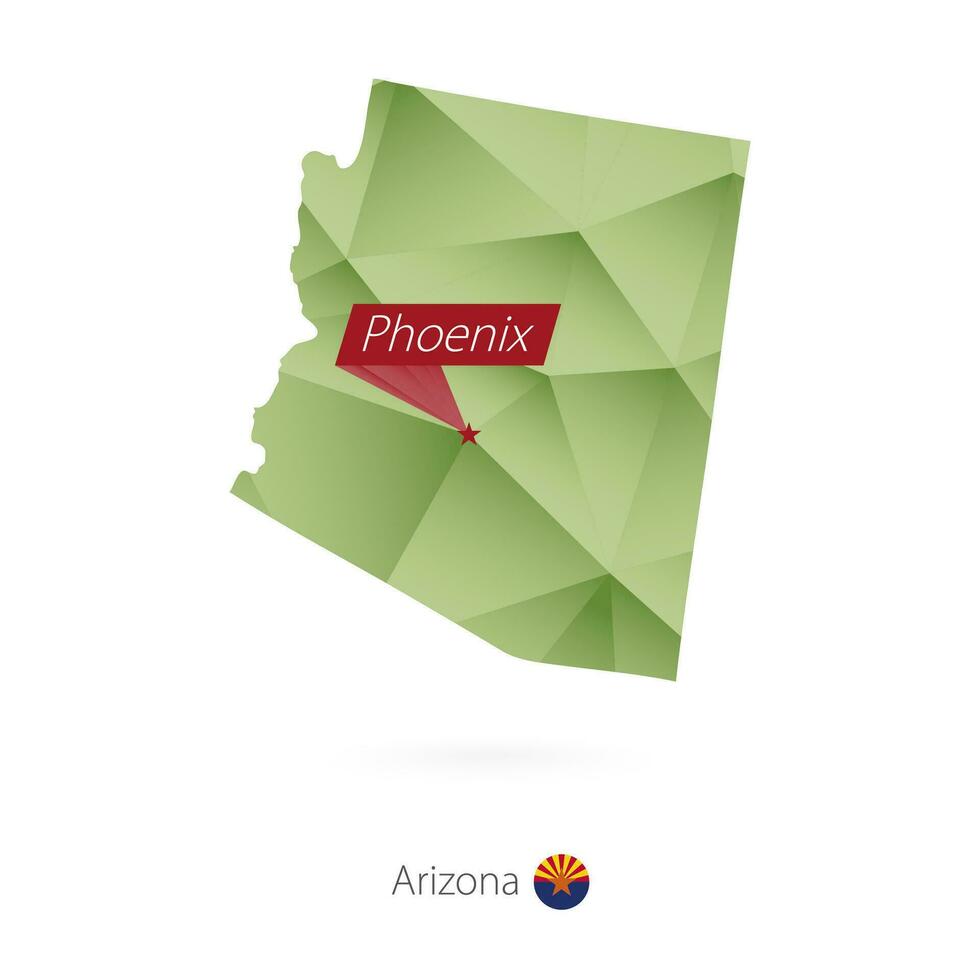 Green gradient low poly map of Arizona with capital Phoenix vector