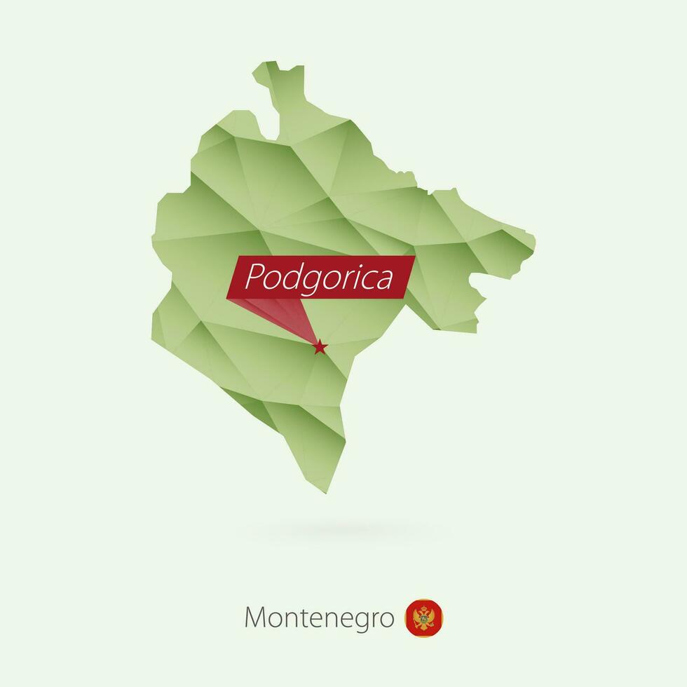 Green gradient low poly map of Montenegro with capital Podgorica vector