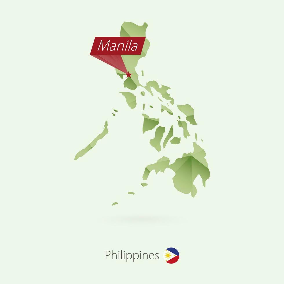 Green gradient low poly map of Philippines with capital Manila vector