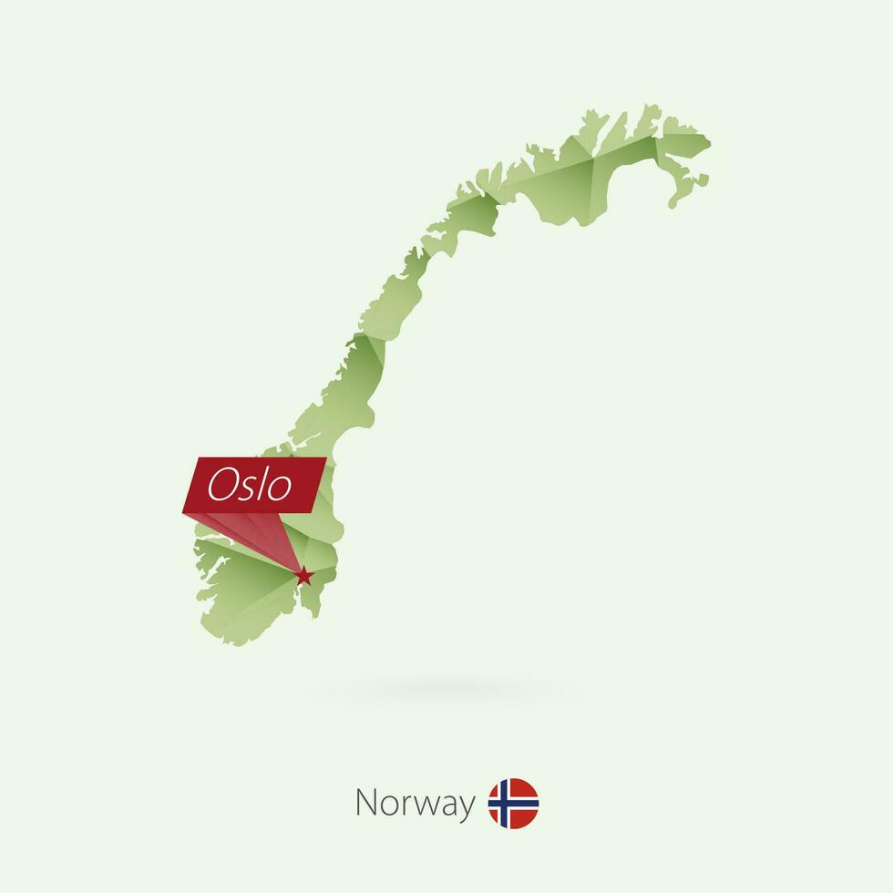 Green gradient low poly map of Norway with capital Oslo vector