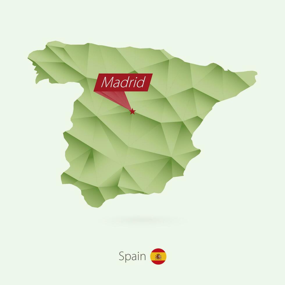 Green gradient low poly map of Spain with capital Madrid vector