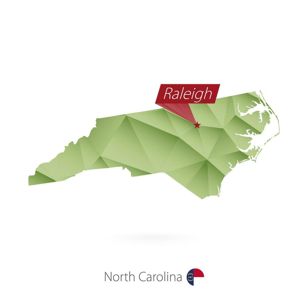 Green gradient low poly map of North Carolina with capital Raleigh vector