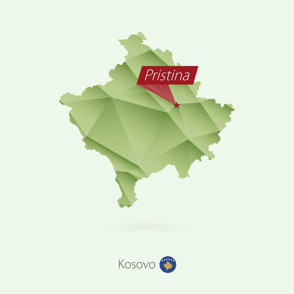 Green gradient low poly map of Kosovo with capital Pristina vector