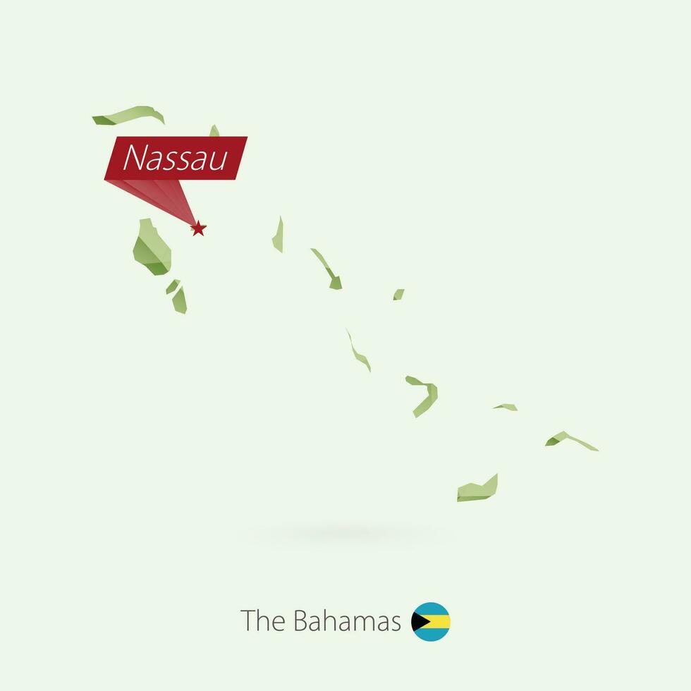 Green gradient low poly map of The Bahamas with capital Nassau vector