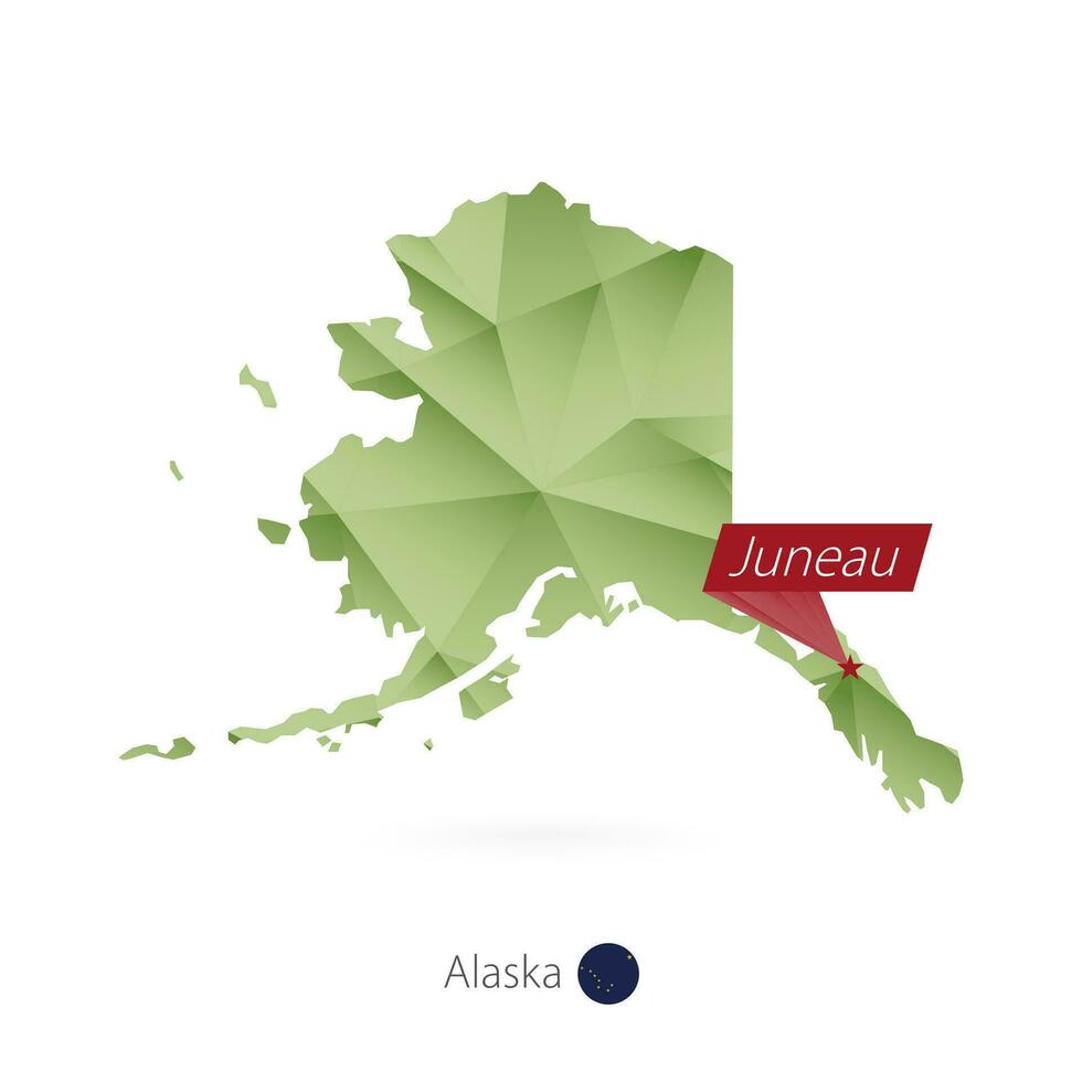Green gradient low poly map of Alaska with capital Juneau vector