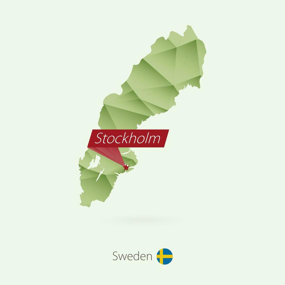 Green gradient low poly map of Sweden with capital Stockholm vector