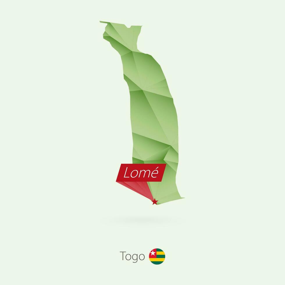 Green gradient low poly map of Togo with capital Lome vector