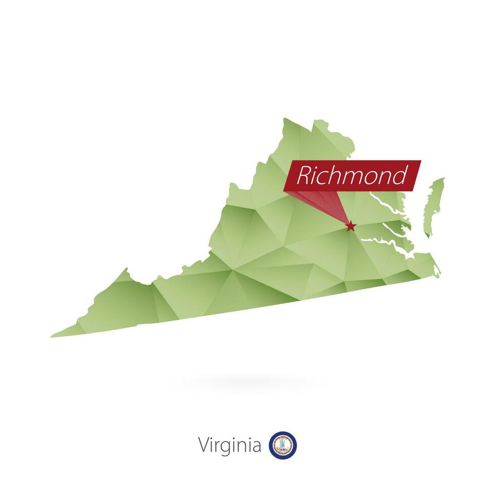 Green gradient low poly map of Virginia with capital Richmond vector