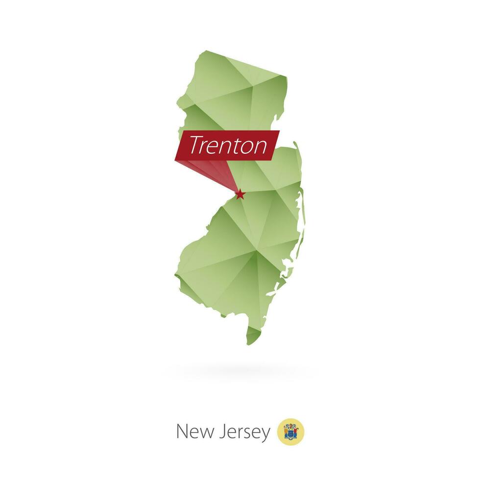 Green gradient low poly map of New Jersey with capital Trenton vector