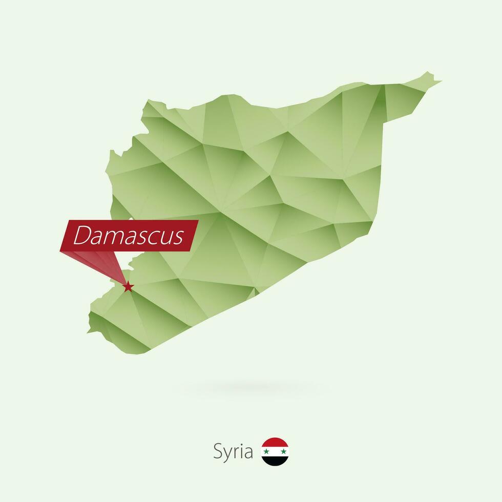 Green gradient low poly map of Syria with capital Damascus vector