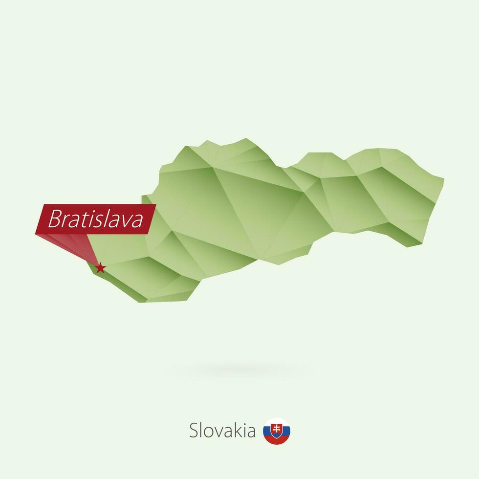 Green gradient low poly map of Slovakia with capital Bratislava. vector