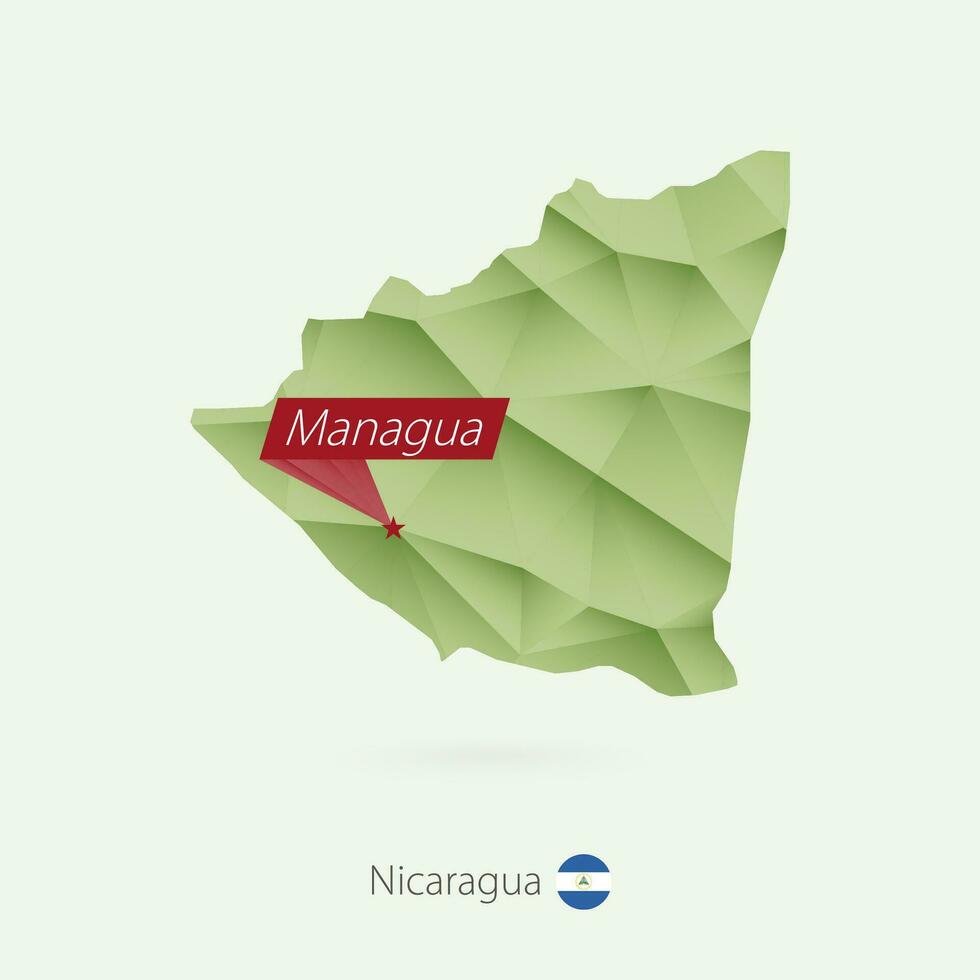Green gradient low poly map of Nicaragua with capital Managua. vector