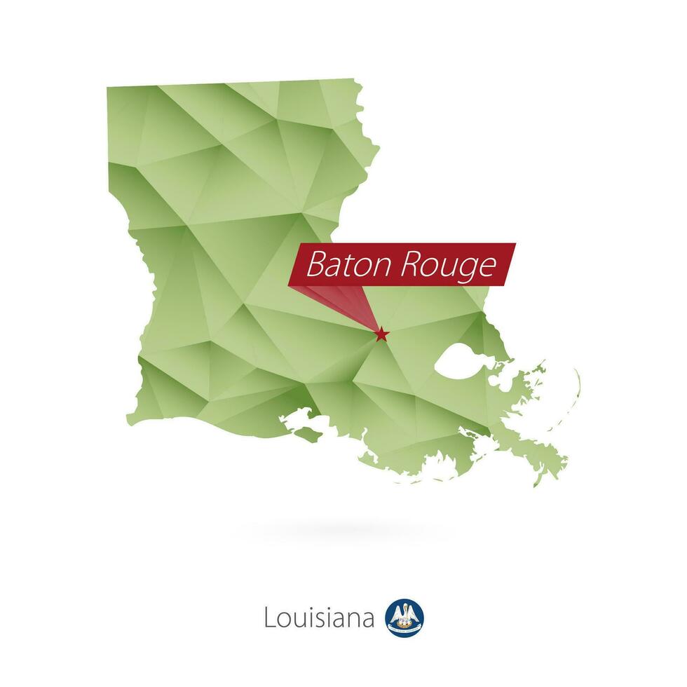 Green gradient low poly map of Louisiana with capital Baton Rouge vector