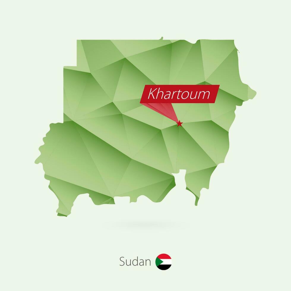 Green gradient low poly map of Sudan with capital Khartoum vector