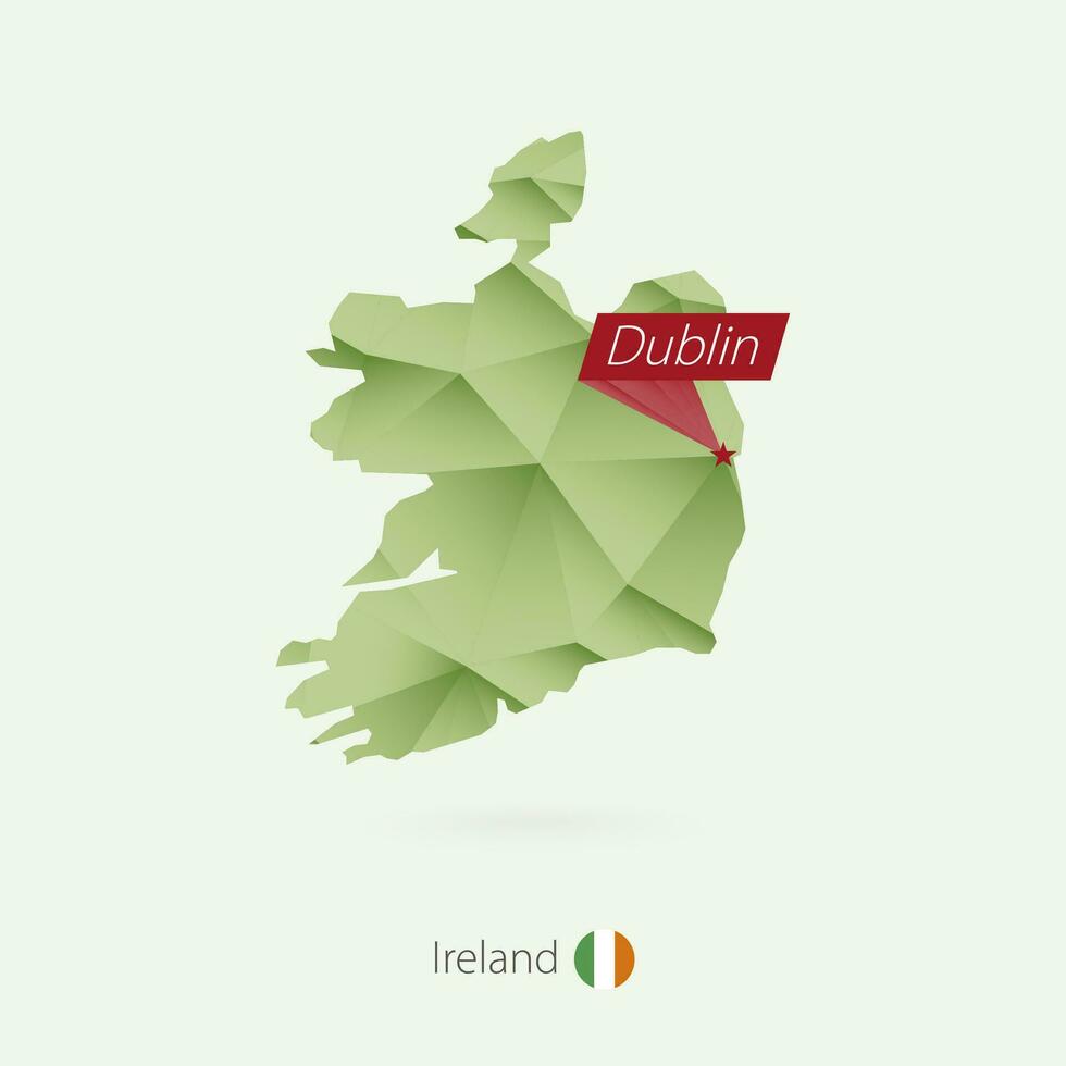 Green gradient low poly map of Ireland with capital Dublin vector