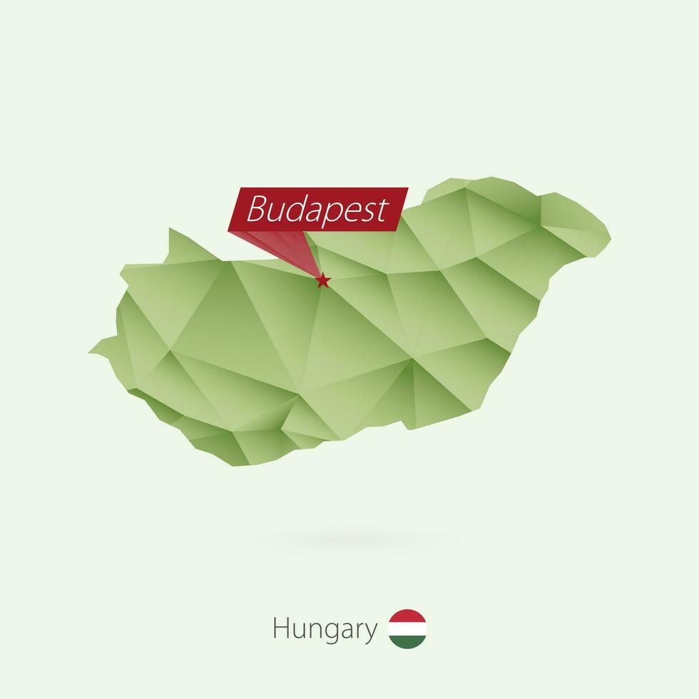 Green gradient low poly map of Hungary with capital Budapest vector