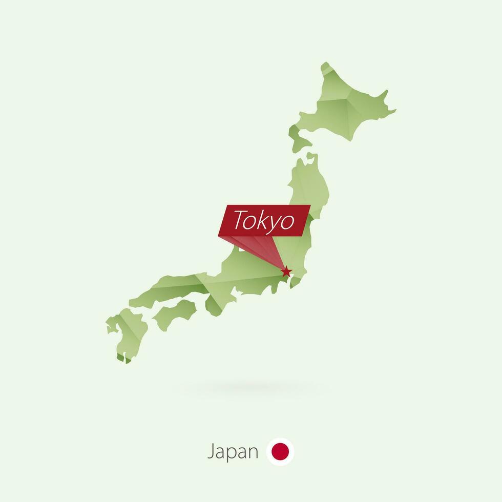 Green gradient low poly map of Japan with capital Tokyo vector