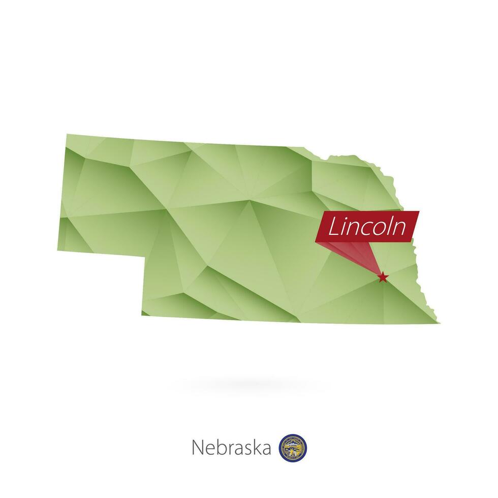 Green gradient low poly map of Nebraska with capital Lincoln vector