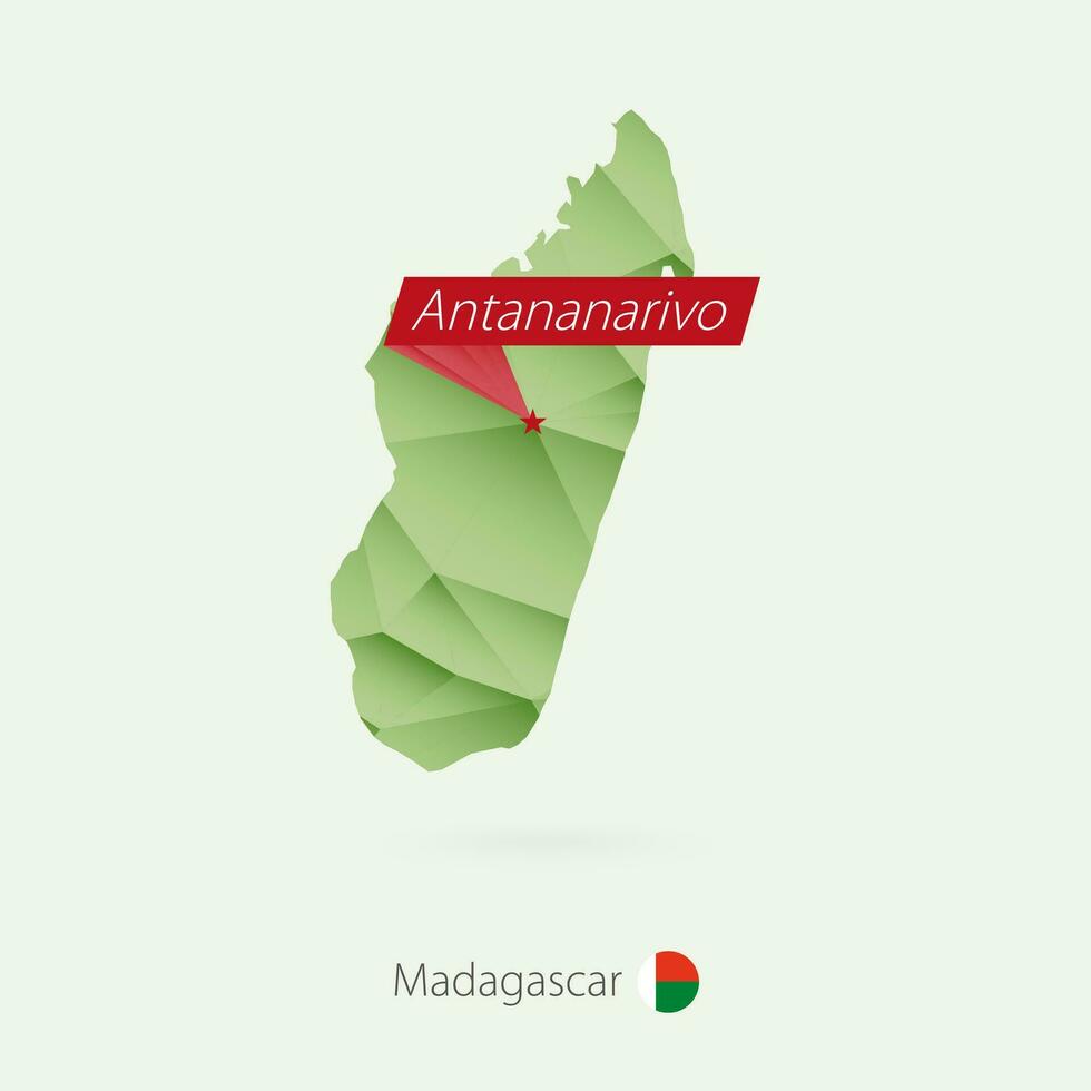 Green gradient low poly map of Madagascar with capital Antananarivo vector