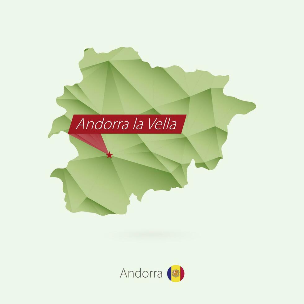 Green gradient low poly map of Andorra with capital Andorra la Vella vector
