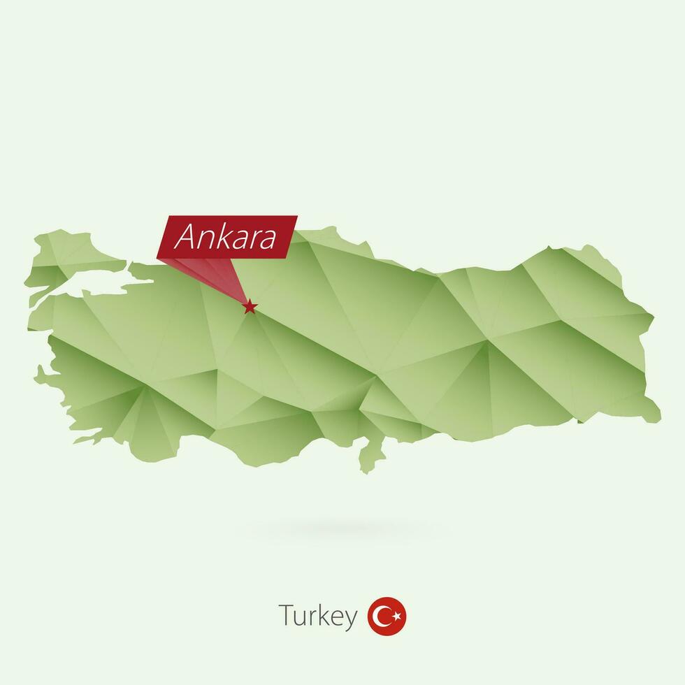 Green gradient low poly map of Turkey with capital Ankara vector