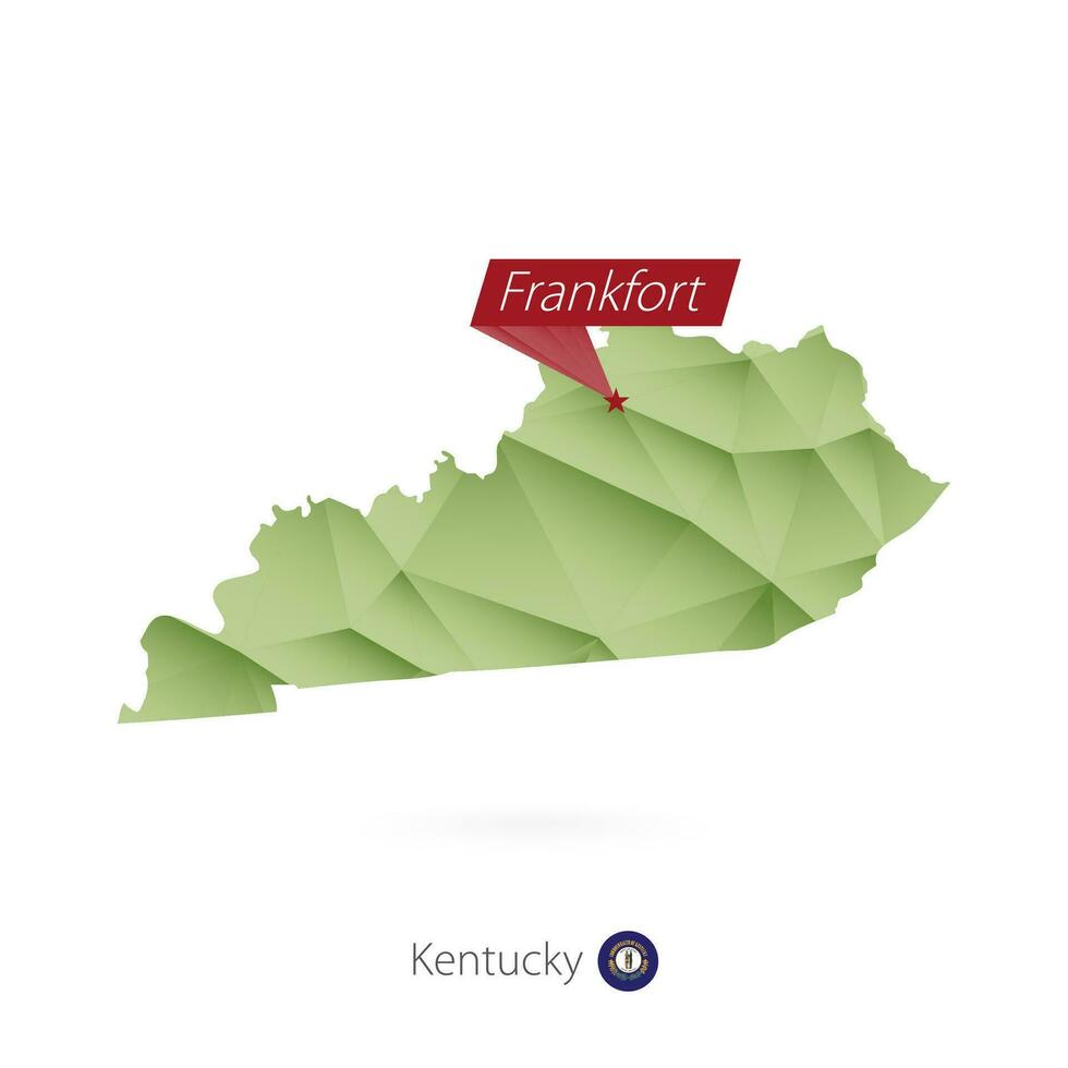 Green gradient low poly map of Kentucky with capital Frankfort vector