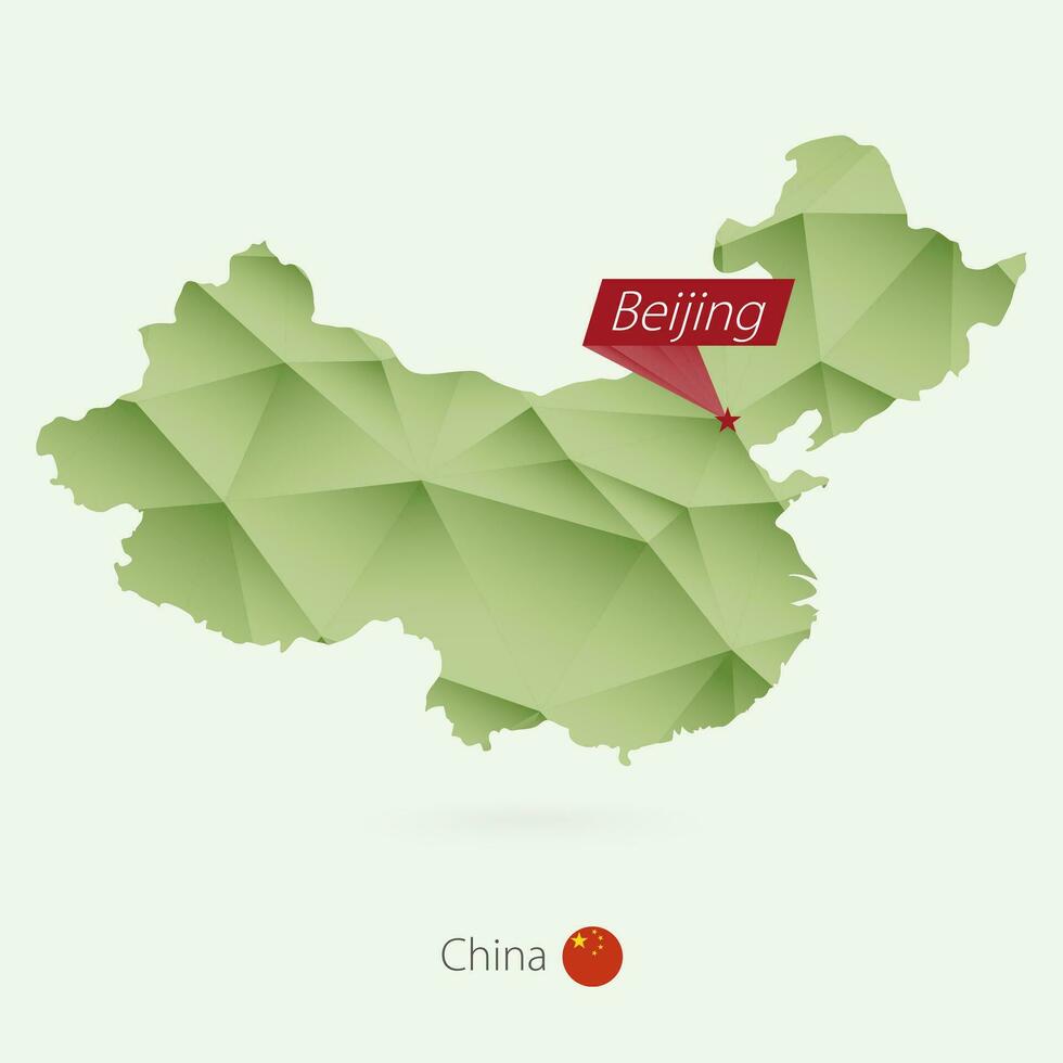 Green gradient low poly map of China with capital Beijing vector