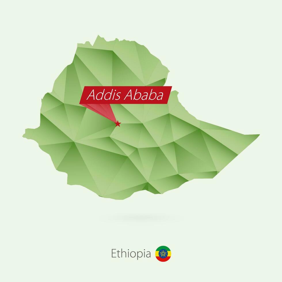 Green gradient low poly map of Ethiopia with capital Addis Ababa vector