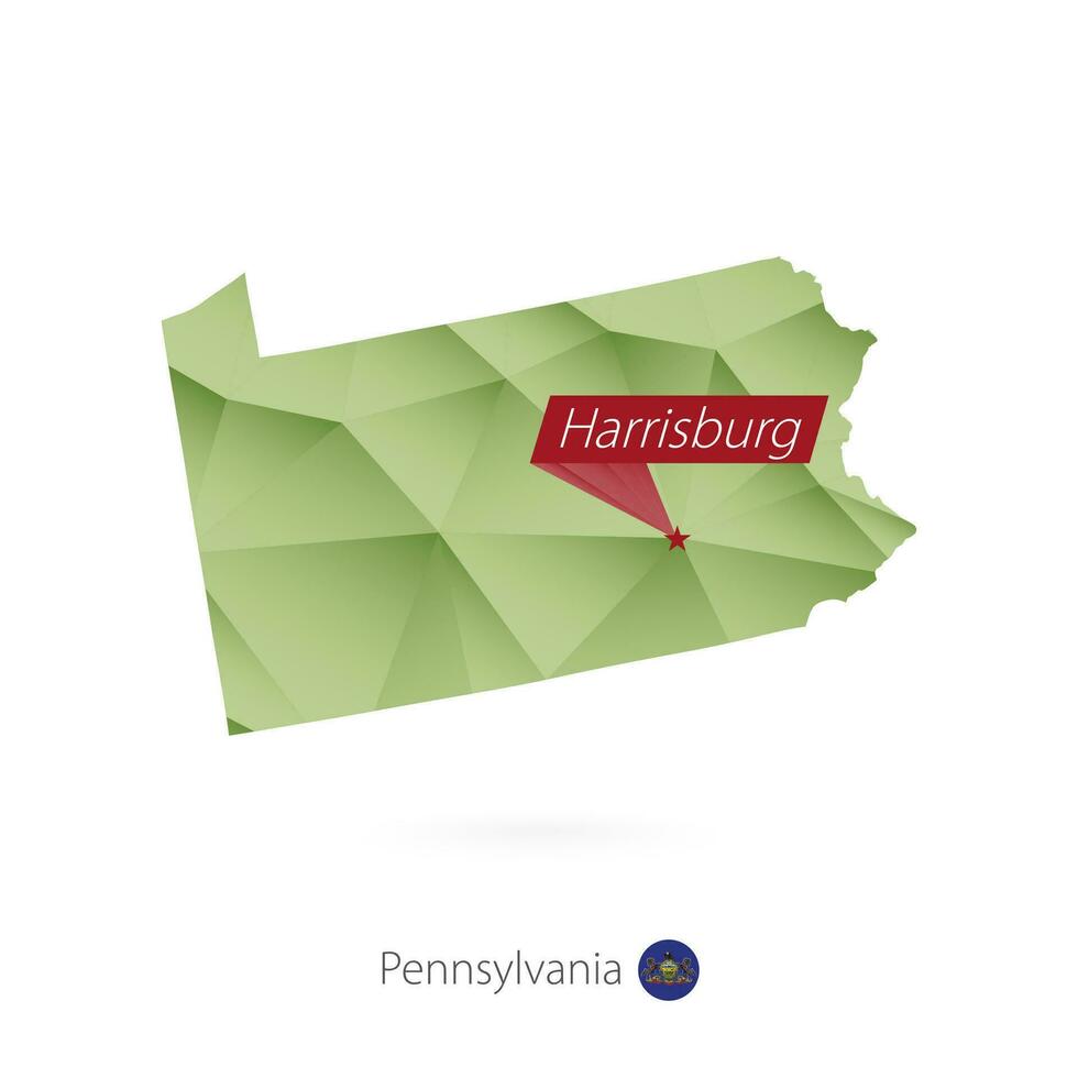 Green gradient low poly map of Pennsylvania with capital Harrisburg vector