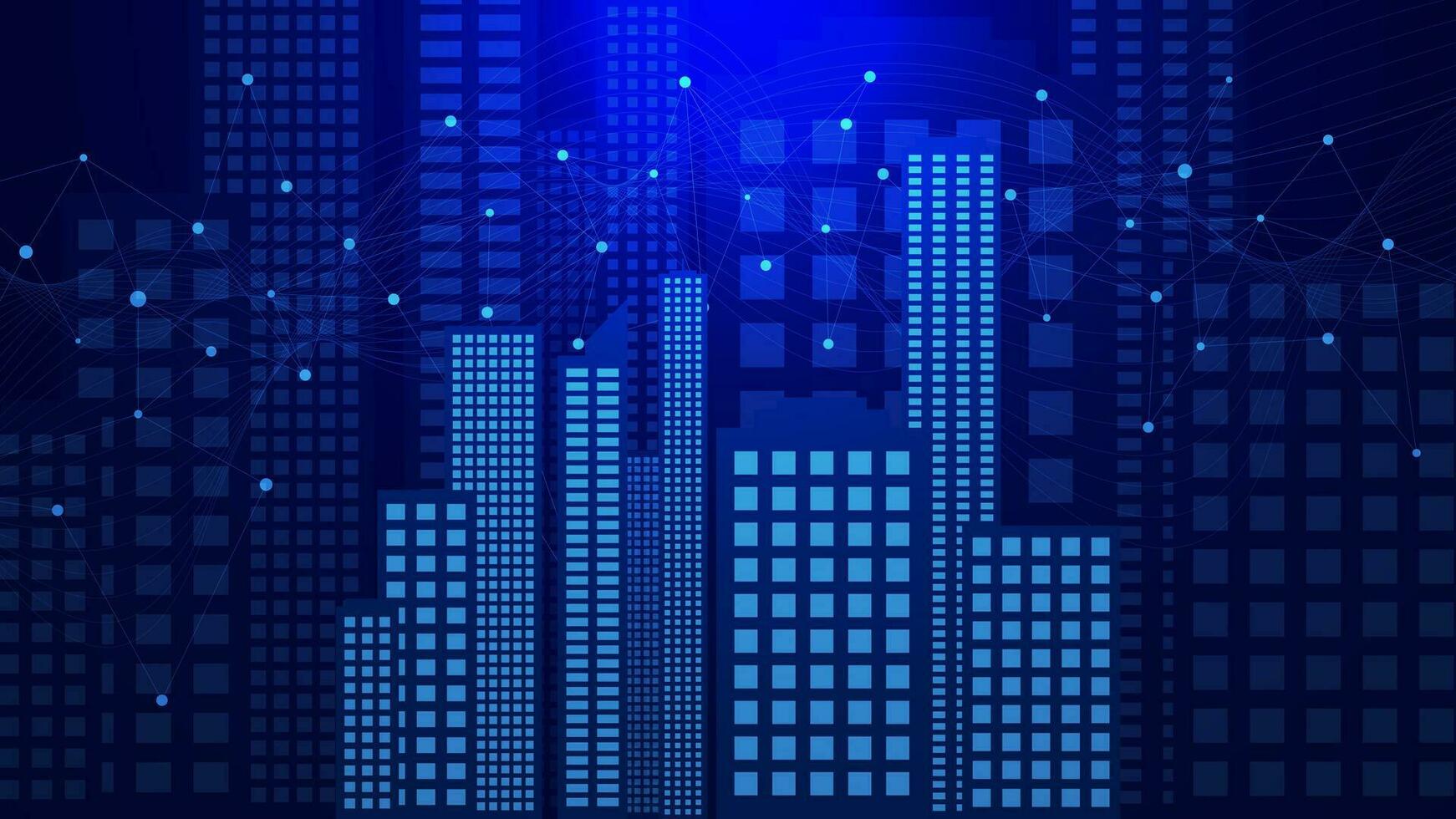 Office building or cityscape with connecting dots and lines on a dark blue background. Smart city and business connection technology concept. Vector illustration.