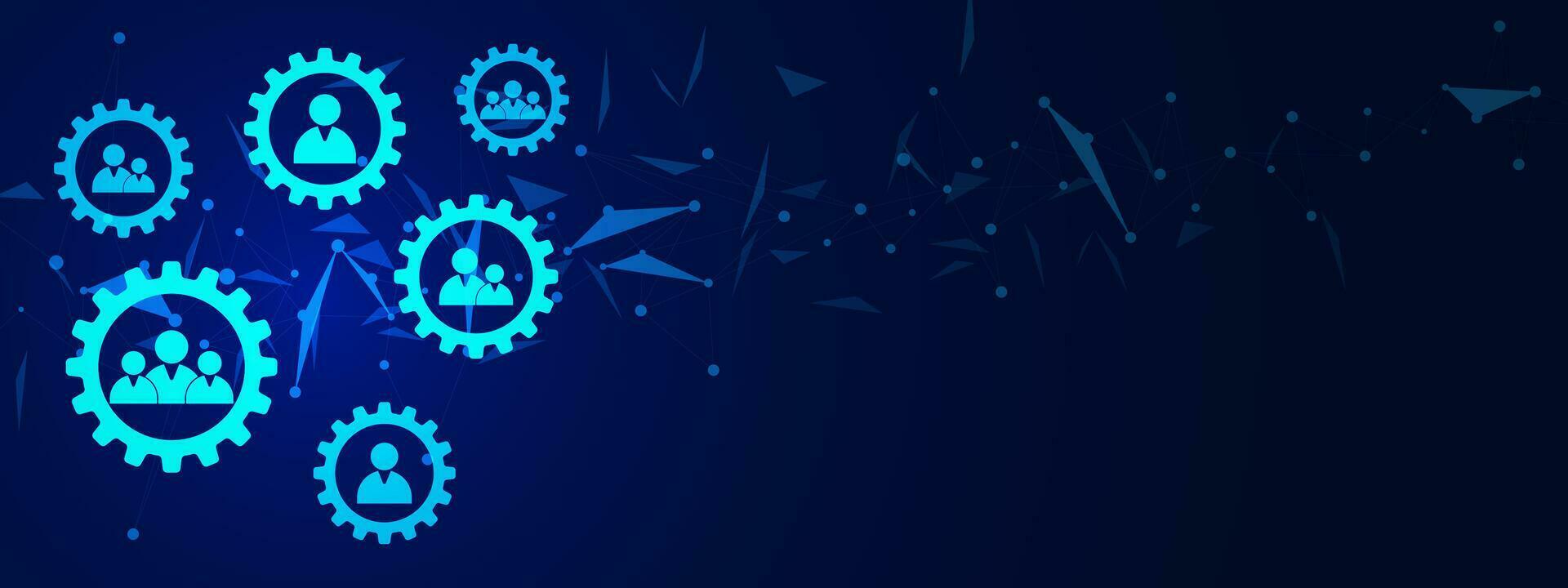 Team work or celebration for success. Team effort, team organization concept with people icon with gear on dark blue background. Vector illustration.