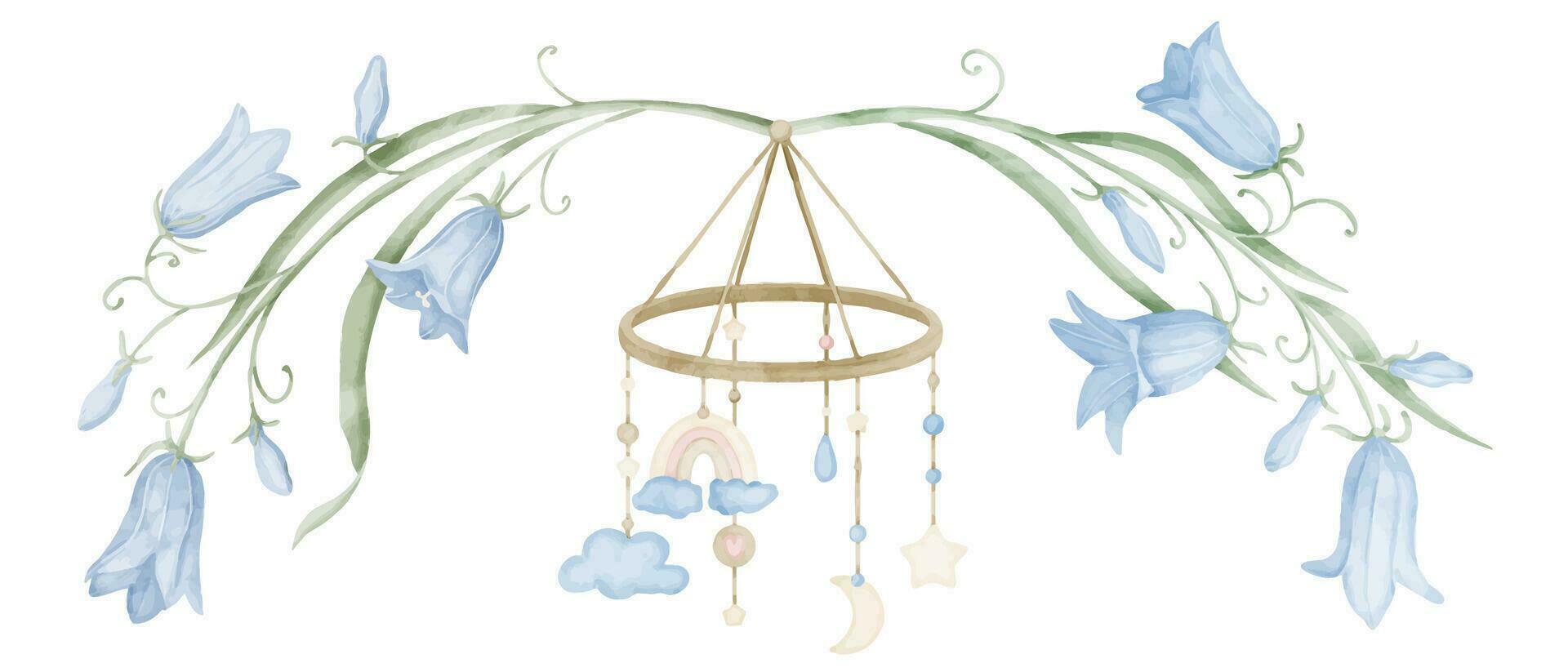Watercolor childish Hanging Toy with bluebell flowers. Hand drawn illustration of Mobile for kid cradle. Drawing in cute pastel colors for greeting cards or baby shower invitations. Childish design vector