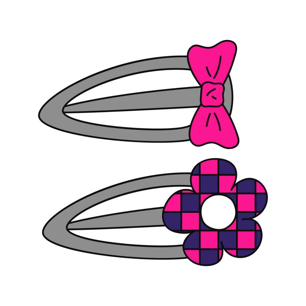 Cute y2k hair pins with bow and flower. Black and pink emo clipart. Vector flat illustration isolated on white background.