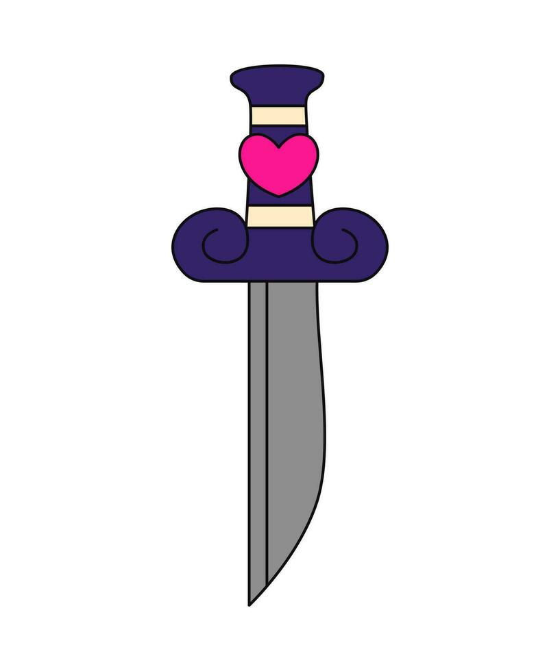 Knife with heart in y2k, 1990s, 2000s style. Emo goth element design. Old school tattoo. Hand drawn vector flat illustration isolated on white background.