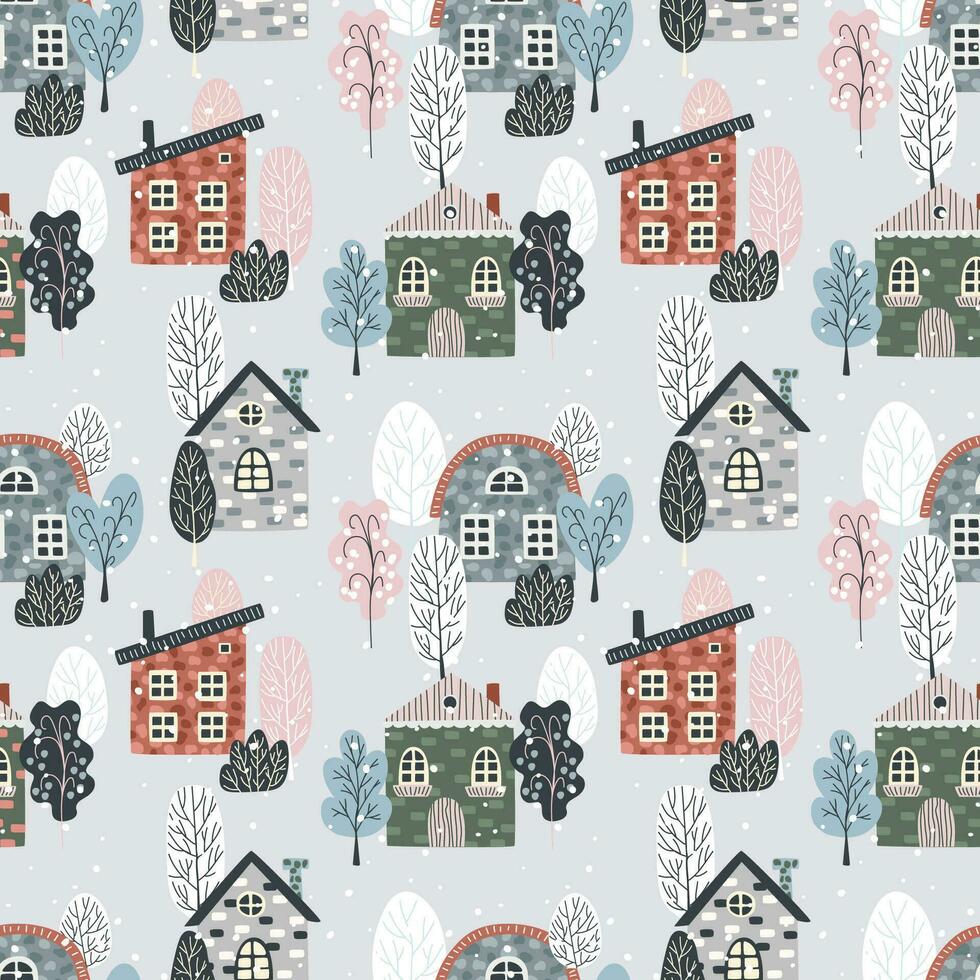 Winter city. Houses in the snow, trees. Vector pattern