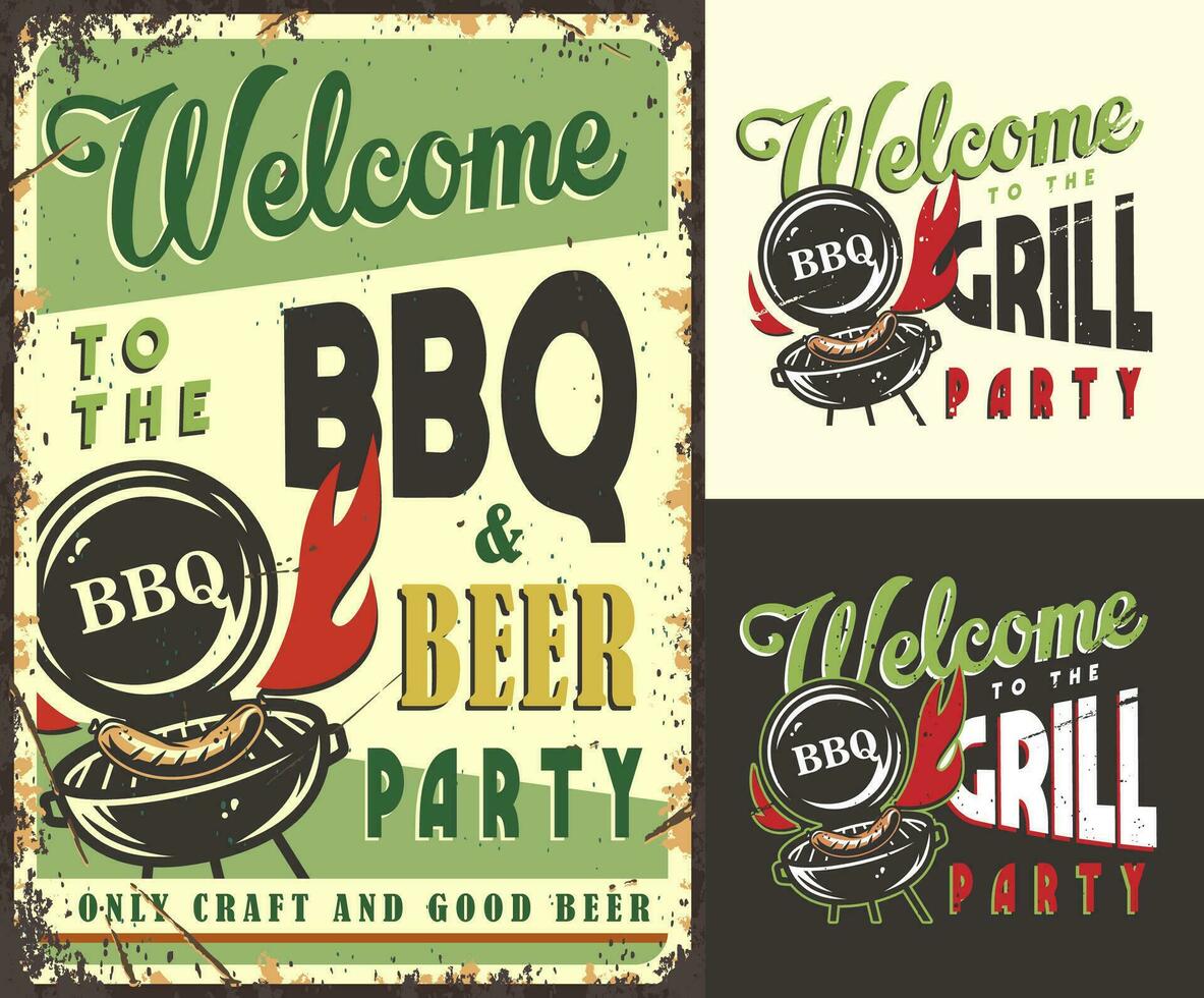 Set of poster grill sausage, print with barbeque vector