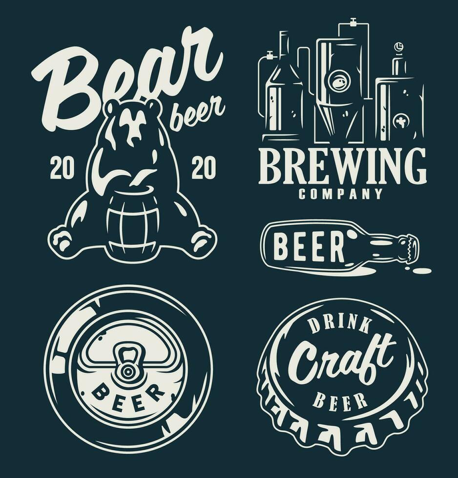 Set of emblems with beer barrel, hop and mug vector