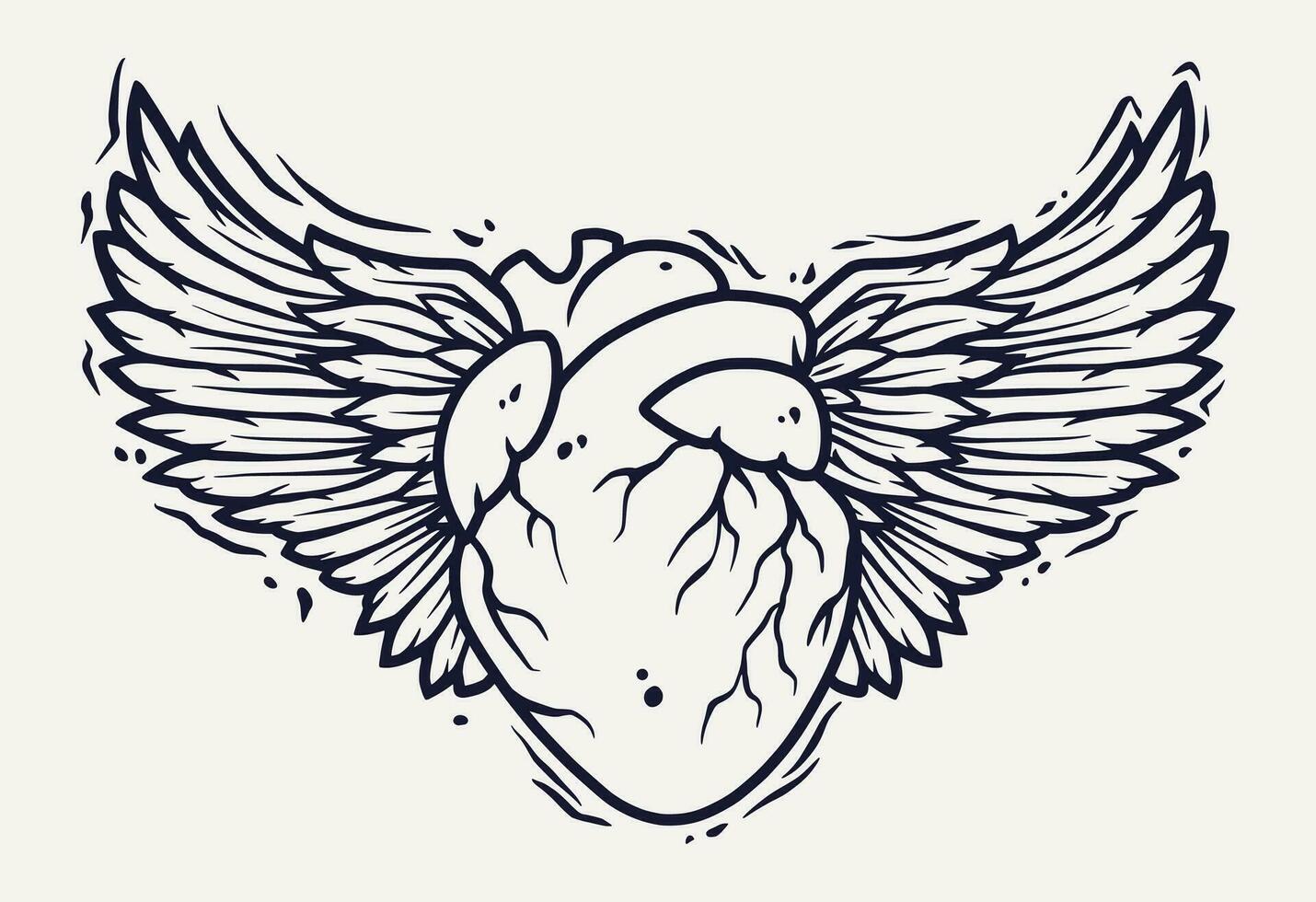 Human heart and Pair of bird wings with feathers tattoo. Outline vector illustration