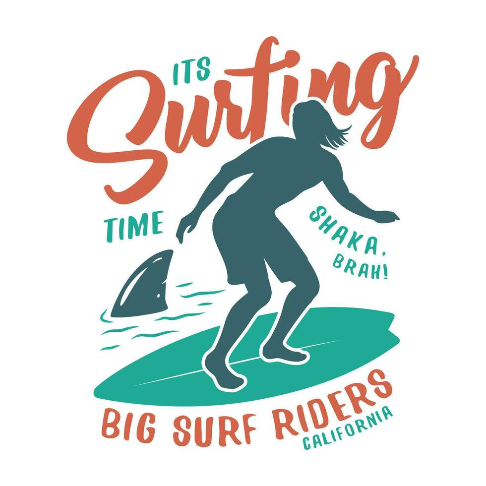 Silhouette of a man, shark, wave on surfing board vector