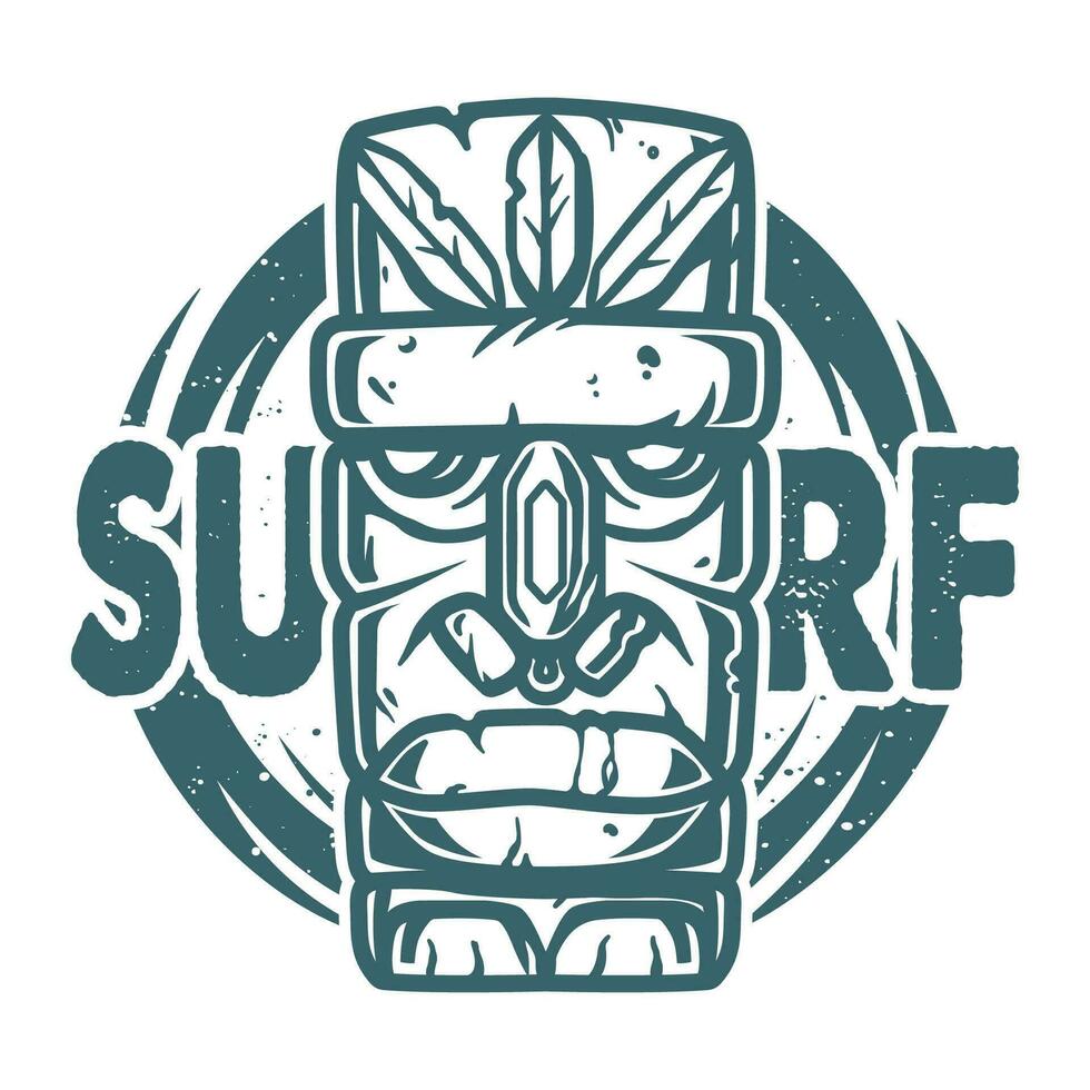 Surfing print of stone tiki mask, face idol vector